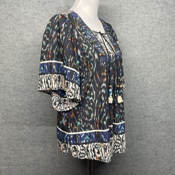 Democracy Womens Large Boho Top Black Multi Colored Beaded Wood Tassel V Neck - Picture 5 of 10